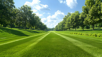 Fototapeta premium Sunny day, manicured lawn, tree lined path, nature background, landscape design