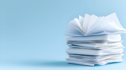 Stack of papers on blue background, office work