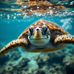 Majestic Sea Turtle Underwater Encounter: A Close-Up View of a Turtle in its Ocean Habitat