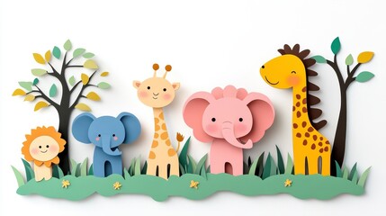 Colorful Cartoon Animal Decor with Trees and Green Grass for Kids