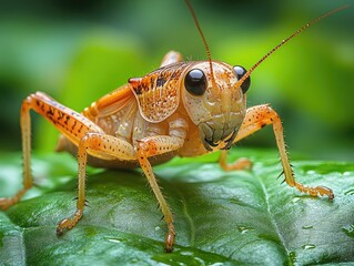 Fototapeta premium Close-up of a Brown Grasshopper on a Green Leaf showcasing its intricate details