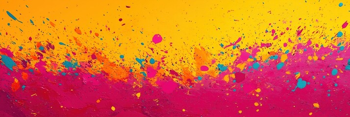 A vibrant abstract background with splashes of pink, orange, and blue paint.