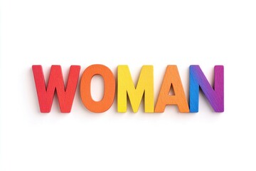 Fototapeta premium Colorful wooden letters spelling WOMAN , representing empowerment and equality, perfect for campaigns on women s issues and gender equality