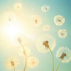 Dandelions seeds floating on a bright sunny day