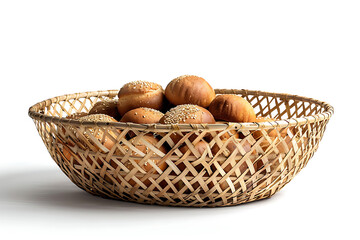 food presentation, wicker basket with bread, on a white backdrop