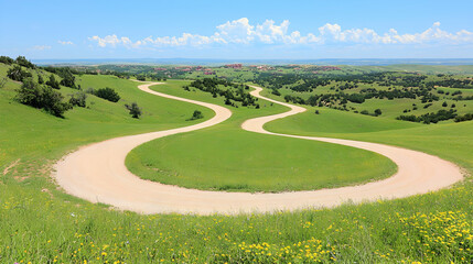 Winding country road through green hills, scenic landscape. Use Travel brochure
