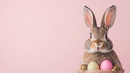 Obraz premium Easter bunny holding colorful eggs in a basket against a soft pink background, embodying spring themes and festive cheer