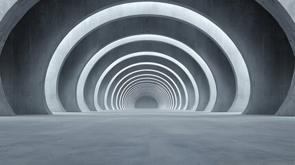 Obraz premium Futuristic concrete tunnel, glowing arches, empty space, architectural design, background for sci-fi film