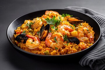 Traditional Spanish paella with seafood