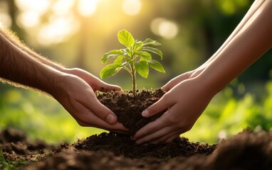 Fototapeta premium Planting a Sapling: Hands Gently Cradle New Life