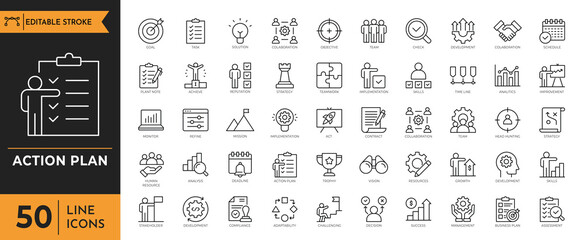 Action Plan icon set. Containing Management, workflow, progress, goal, timeline, setting, strategy, checklist, calendar, project and more. Vector illustration