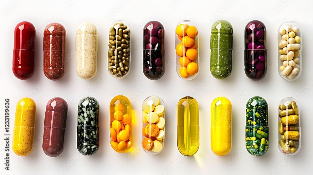 Wall mural A neatly arranged collection of supplementary food capsules in vibrant colors, positioned on a plain white background for seamless cut-out, 8k UHD, suitable for high-quality printing or digital 