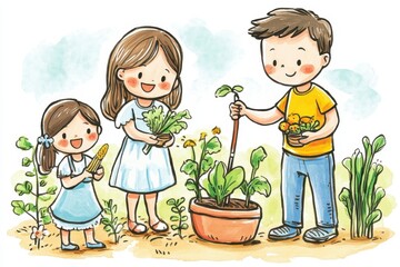 Happy family gardening together, planting and harvesting. Illustrates family bonding, sustainable living, and healthy habits.