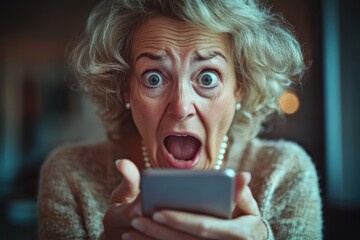 Surprised senior woman looking at her phone, wide eyes and open mouth. Perfect for illustrating shock, surprise, or unexpected news online.