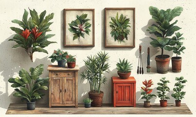 A decorative arrangement of various indoor plants and botanical art on a textured wall.