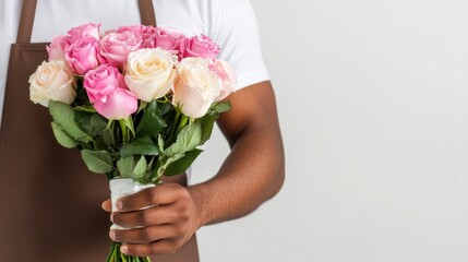 in focus Cropped close up of hands of black male florist in brown apron over white t-shirt holding in focus beautiful delicate bouquet of pink and cream colored roses on white background.