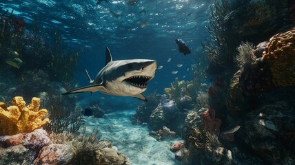 Obraz premium A realistic depiction of a fierce shark swimming through the ocean, photorealistic underwater environment 
