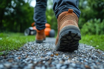 Close-up of brown work boots walking on gravel. Illustrates hard work, outdoor labor, or a journey.