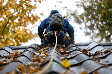 A roofer cleans autumn leaves from a roof, secured by a safety harness. Shows fall roof maintenance and cleaning services.