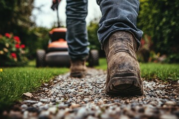 Gardener's boots on gravel path, lawnmower behind. Shows hard work and landscaping, ideal for garden or DIY projects.