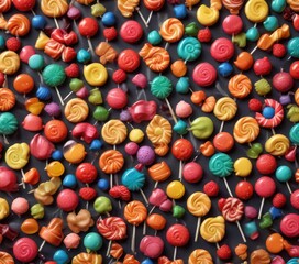Fototapeta premium Colorful Candy Background with Lollipops and Gummies , candy, lollipop, pastry
