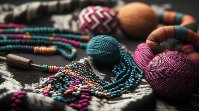 Colorful beaded necklaces and yarn balls on fabric. Craft supplies, close-up. Lifestyle photography for blogs
