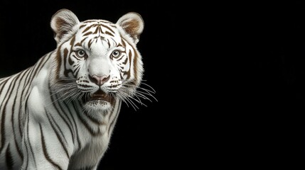 Fototapeta premium facing forward a white tiger peeking around against a black background, copy space