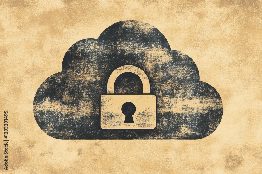 Aufkleber grunge cloud icon with padlock, secure data storage concept. illustrates secure cloud computing, dat