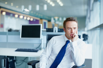 Business, thinking and man in office, solution and decision with problem solving. Person, employee...