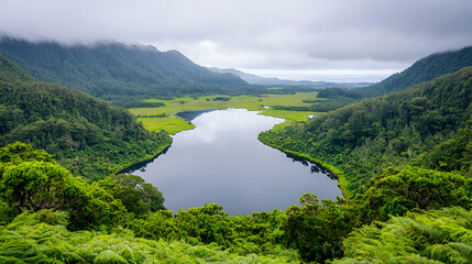 Serene volcanic lake nestled in lush rainforest valley