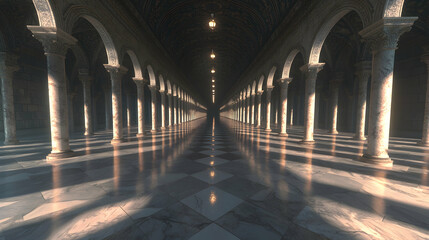 Obraz premium Sunlit marble colonnade hall, perspective depth, architecture design