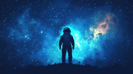 Naklejka premium Lone Astronaut Gazing at a Starry Cosmic Night