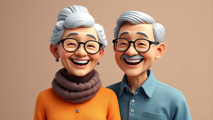 3D illustration of a A joyful elderly couple standing together, both wearing glasses and smiling widely. Generative AI