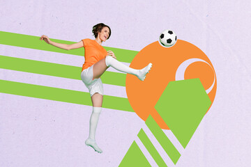 Trend artwork poster composite sketch collage of young lady play football game leg kick ball win success happy sportswoman hobby practice
