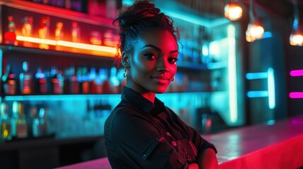 A woman with a black top and a black purse stands in front of a bar.
