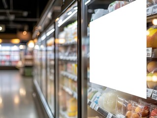 Blank white label on supermarket refrigerator with blurred food background