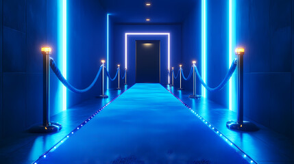 Electric Glamour: A futuristic interior showcasing a velvet rope walkway illuminated with neon blue lights, evoking a sense of exclusivity, excitement and anticipation. 