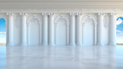Marble hall, classical columns, sky view, peaceful backdrop, design template