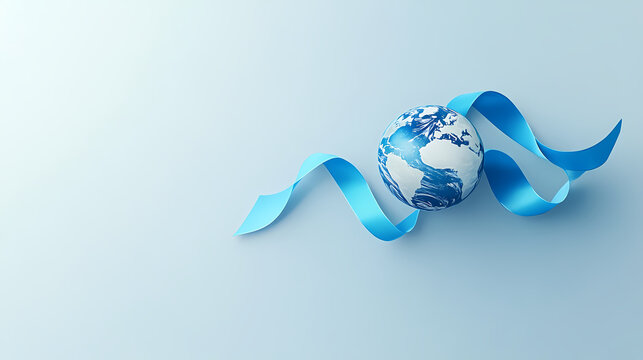 Globally Bound: A stylized globe elegantly encircled by a flowing blue ribbon, symbolizing the interconnectedness and unity of our world in a clean and modern design. 