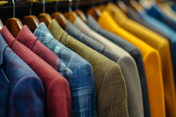 Obraz premium A rack of colorful vintage jackets in a thrift store setting