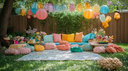 Vibrant outdoor party setup with colorful decorations and cozy seating in a lush garden