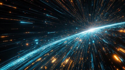 A dynamic motion-blur render of fast-moving data streams forming a digital Earth, illustrating the rapid connectivity of global trade networks.