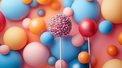 Colorful candy pops surrounded by vibrant spheres in a playful setting showcasing sweet treats
