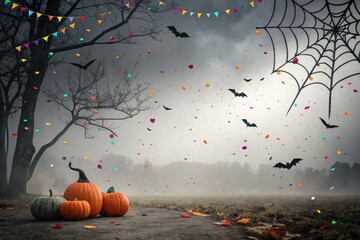 Dark and spooky Halloween backdrop with colorful confetti, suspenseful, backdrop, paranormal, haunted