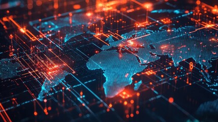 Obraz premium A futuristic infographic-style artwork showing AI-powered logistics, blockchain trade routes, and automated shipping hubs interconnected on a glowing world map. 