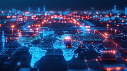 Fototapeta premium A futuristic infographic-style artwork showing AI-powered logistics, blockchain trade routes, and automated shipping hubs interconnected on a glowing world map. 