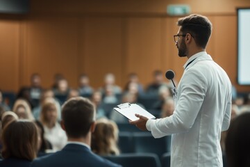 Doctor giving a presentation to audience, holding notes. Image ideal for medical conferences, healthcare, or lectures.