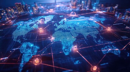 Fototapeta premium A futuristic infographic-style artwork showing AI-powered logistics, blockchain trade routes, and automated shipping hubs interconnected on a glowing world map. 