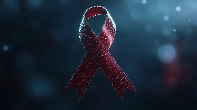 Ribbon of Remembrance: A powerful visual of a red ribbon, a universally recognized symbol of solidarity, awareness, and support for those affected by HIV/AIDS, set against a bokeh-filled backdrop.