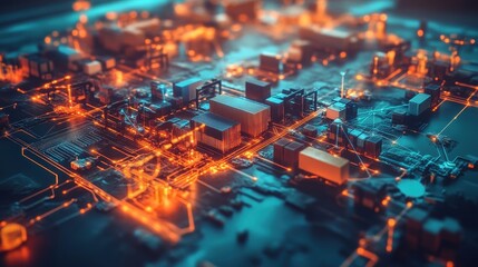 Fototapeta premium A futuristic infographic-style artwork showing AI-powered logistics, blockchain trade routes, and automated shipping hubs interconnected on a glowing world map. 